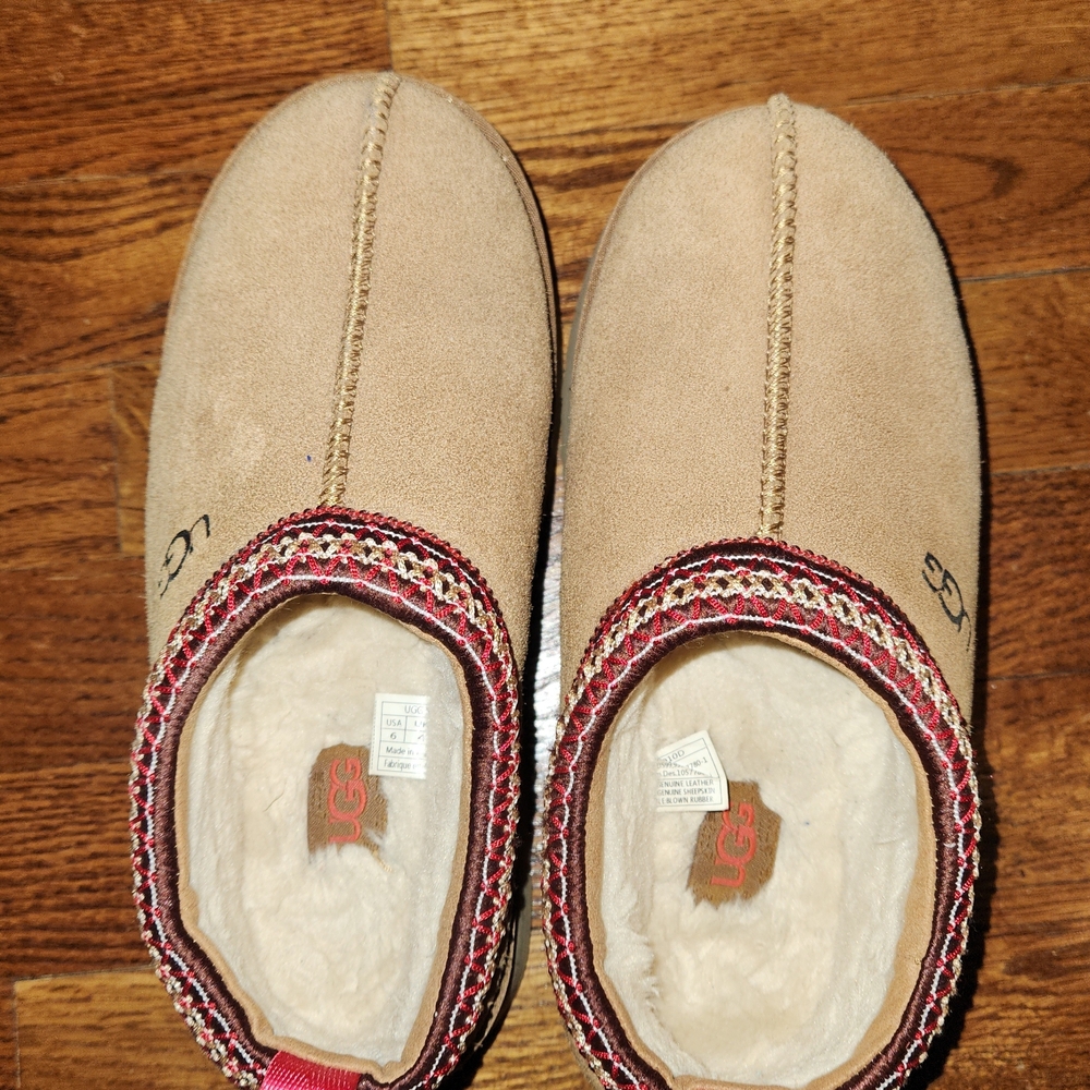 UGG Tan Suede Slippers with Red Trim
